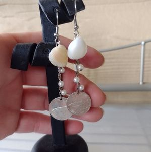 Handmade Canada 10 cent Queen Elizabeth II Centennial Coin Pearl Shell Earrings